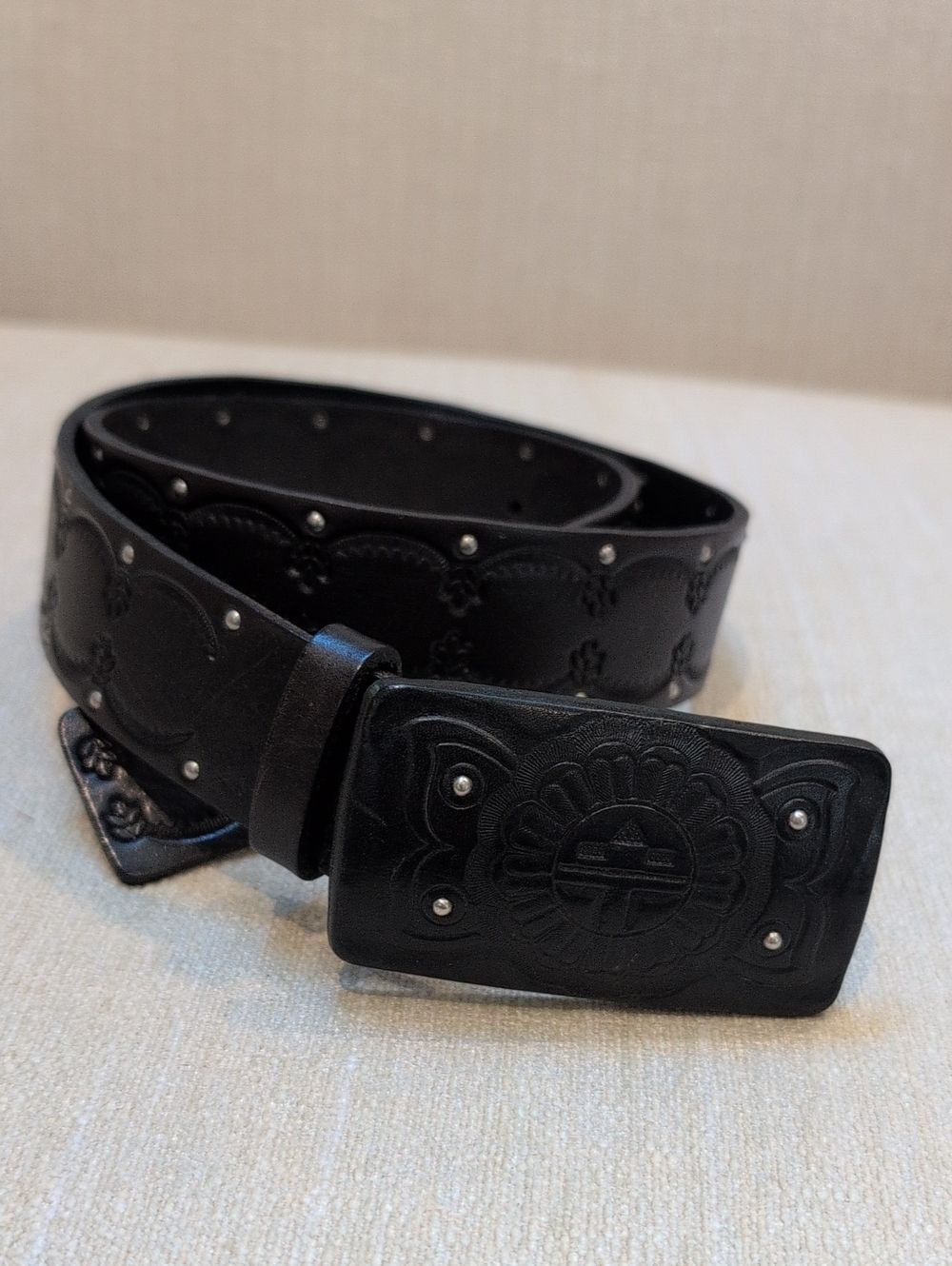 Fossil Black Embossed Leather Belt with Silver Stud Accents Size S